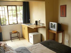 a bedroom with a bed and a television and a sink at Antique Silk Self Catering Unit in Grahamstown