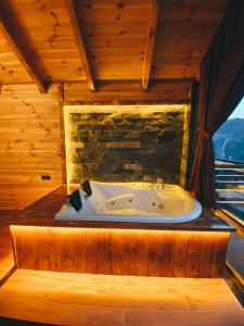 Çamlıhemşin的住宿－ZirvedeKal Suit Otel，一个带窗户的客房内的按摩浴缸