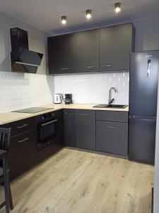 a kitchen with black cabinets and a black refrigerator at Apartament Letnicka, Nowy, 950m od morza in Gdańsk