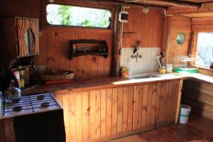 a kitchen with a stove and a sink in a cabin at La Casa del Viajero Hostel in El Bolsón