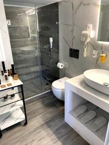 a bathroom with a shower and a toilet and a sink at Virginia Pension in Tinos