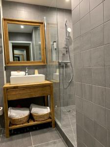 a bathroom with a shower and a sink and a mirror at Hotel Lac Bleu 1650 in Saint-François-Longchamp