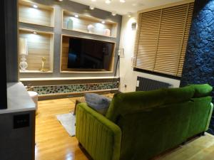 a living room with a green couch and a television at APPARTEMENTY COCO MANGO in Bourges