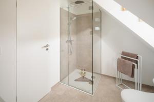 La salle de bains est pourvue d'une douche en verre et d'un escalier. dans l'établissement Haus Salz&Sand Lüttje Tide, à Norderney