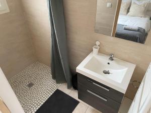 baño con lavabo, espejo y cama en Sully-sur-loire: Agréable maison en centre ville en Sully-sur-Loire