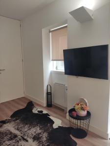 uma sala de estar com uma televisão de ecrã plano na parede em Casa Viela Cega em Viana do Castelo