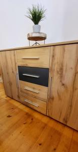 a wooden cabinet with a plant on top of it at Apartma Metka Bovec in Bovec