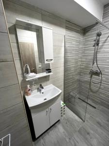 ein Bad mit einem Waschbecken und einer Dusche in der Unterkunft Darki Apartment 2 - Very Central Stay With Free Parking in Ohrid
