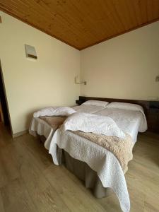 Hotel Avet في La Coma i la Pedra: غرفة نوم بسريرين وسقف خشبي
