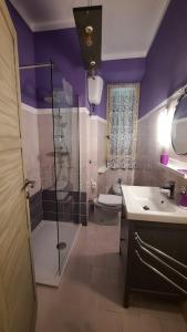 un bagno viola con doccia, servizi igienici e lavandino di Civico 4 a Castrovillari