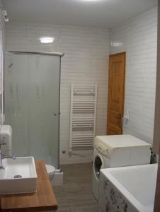 y baño con lavadora y lavamanos. en Almafás Vendégház Őrség, en Kerkakutas