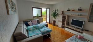 a living room with a couch and a television at Apartma pr' Ivani Miškorinovi in Breginj