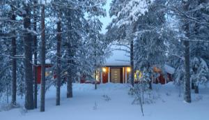 a house in the snow with snow covered trees at Holiday Villa Tonkokumpu - upea loma-asunto in Syöte