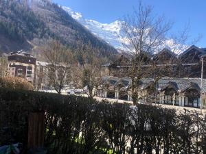 - une vue sur une ville avec une montagne enneigée dans l'établissement Chamonix 27 - Au Centre Vue Mont Blanc et Jardin, à Chamonix-Mont-Blanc