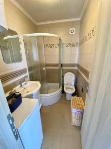 a bathroom with a sink and a toilet and a shower at UpART House in Petrovac na Moru