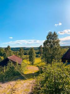 vista su una fattoria con fienile e alberi di Noretjärns Stugby a Årjäng