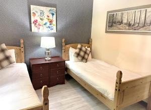 1 dormitorio con 2 camas y mesita de noche con lámpara en Primrose 20-Woodland Lodges-Carmarthen-Pembroke, en Carmarthen