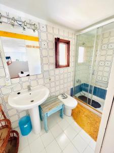 La salle de bains est pourvue d'un lavabo, de toilettes et d'une douche. dans l'établissement Estilo ibicenco en todo, à San José