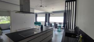 a kitchen with a counter and a table and chairs at Maison Pré Long et Pré Long House in Le Thoronet