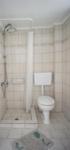 een badkamer met een toilet en een douchegordijn bij Fuga Rooms in Kanali