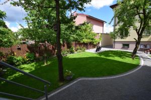 a grassy yard with trees and a building at Johnny House 2 in Suwałki