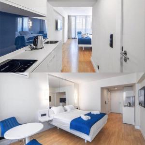 two pictures of a room with a bed and a kitchen at Blue Side Orbi City in Batumi
