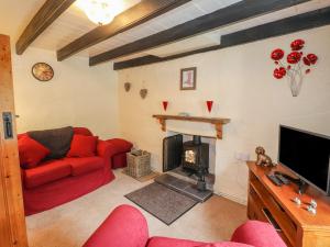 a living room with a red couch and a fireplace at Panteg, Cardigan in Cardigan