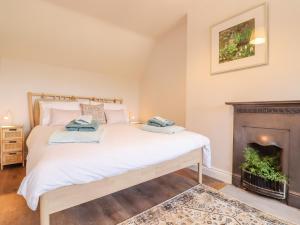 1 dormitorio con 1 cama y chimenea en Bluebird Cottage, en Higham