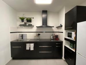 kuchnia z czarnymi szafkami i zlewem w obiekcie Appartement familial tout confort - 3 chambres, grande terrasse privative - Vert Buisson - Bruz w mieście Bruz