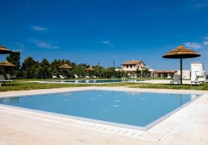 a large swimming pool in a yard with umbrellas at Podere Giovanni Olivo in Tarquinia