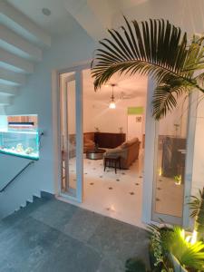 a living room with a palm tree in a room at Vedica Vatica in Shivpuri