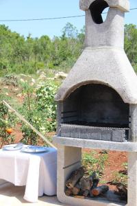 een stenen oven met een tafel en een tafel bij Villa Elena Zagora in Neodi