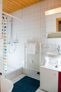 uma casa de banho branca com um chuveiro e um lavatório. em Zwei Zimmer Ferienwohnung Rabiusa Churwalden em Churwalden