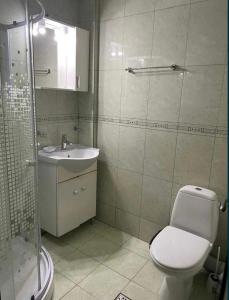ein Bad mit einem WC, einem Waschbecken und einer Dusche in der Unterkunft Casa del Mar in Eforie Nord