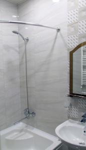 ein Bad mit einer Dusche, einem Waschbecken und einem Spiegel in der Unterkunft Family apartments in Tbilisi City