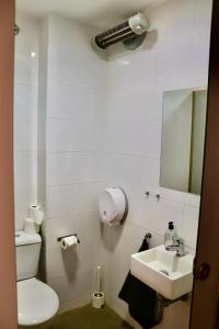 a bathroom with a toilet and a sink and a mirror at Albergue Puente para peregrinos in Puente la Reina