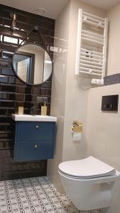 a bathroom with a blue sink and a mirror at DROINVEST Apartament Zarembowicza WROCŁAW LOTNISKO AIRPORT - FV in Wrocław