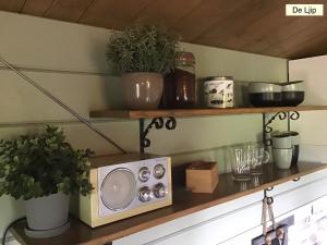 eine Küchenarbeitsplatte mit einer Mikrowelle auf einem Regal in der Unterkunft B&B De Flecht - De Ljip in Nijega