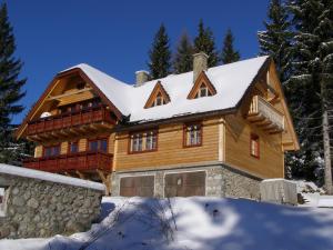 a log home with snow on the roof at Bungalov Tina in Žiar