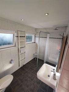ein weißes Bad mit einem Waschbecken und einem WC in der Unterkunft Berghotel Natura Bed & Breakfast in Winterberg