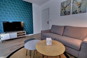 un salon avec un canapé, une table et une télévision dans l'établissement Appartement "PANNA" centre ville de VITRÉ, à Vitré