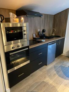 una cocina con horno de acero inoxidable y fregadero en Cocooning Bed&Spa, en Toulouse