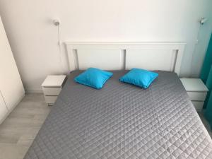 a bedroom with a bed with two blue pillows at Bliżej Morza Apartament 57 in Kołobrzeg