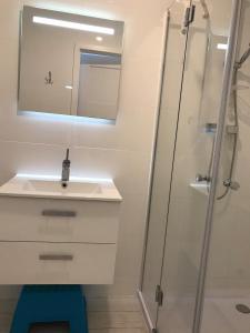a bathroom with a sink and a shower at Bliżej Morza Apartament 57 in Kołobrzeg