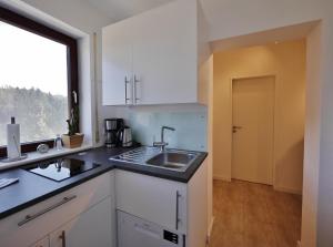 eine Küche mit weißen Schränken, einem Waschbecken und einem Fenster in der Unterkunft Fewo Sauerlandglück mit MeineCardPlus in Willingen