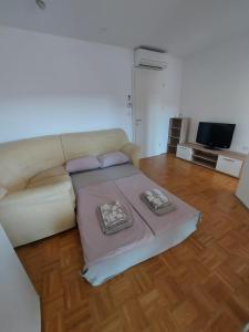 uma sala de estar com um sofá e uma televisão em Apartment Hanna em Koper