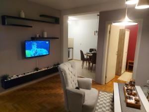 uma sala de estar com uma televisão de ecrã plano na parede em River Lux em Sremska Mitrovica