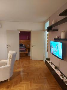 a living room with a white couch and a flat screen tv at River Lux in Sremska Mitrovica