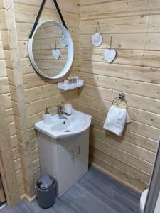 uma casa de banho com um lavatório e um espelho em Hilltop Hideaway em Donegal