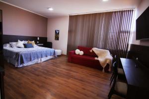 1 dormitorio con 1 cama y 1 sofá rojo en Hotel Terra Patagonia en Malargüe